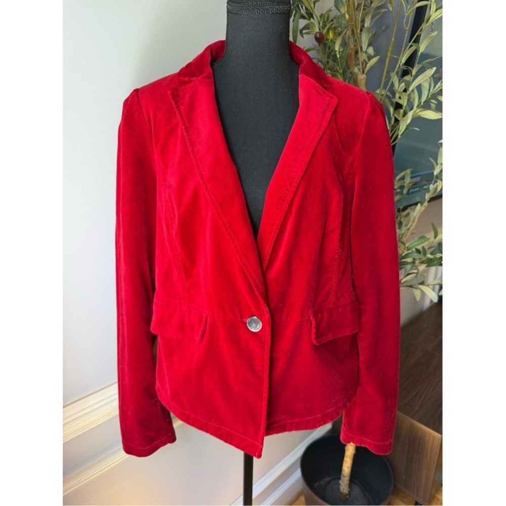 Anthropologie Red Velvet Blazer Jacket L Single Button Workwear